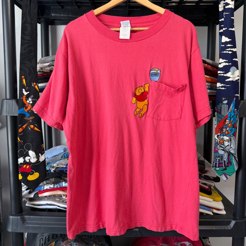 Vintage Pink Winnie The Pooh Embroidered Pocket T-Shirt XL Light Marks